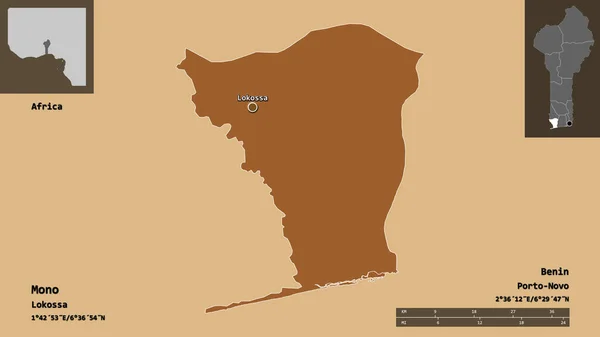 ベナンとその首都であるモノの形 距離スケール プレビューおよびラベル パターン化されたテクスチャの構成 3Dレンダリング — ストック写真