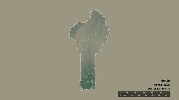 主要な地域部門と分離されたOueme地域とベナンの荒廃した形 ラベル 地形図 3Dレンダリング — ストック写真