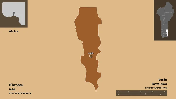 ベナンの部門とその首都の形状 距離スケール プレビューおよびラベル パターン化されたテクスチャの構成 3Dレンダリング — ストック写真