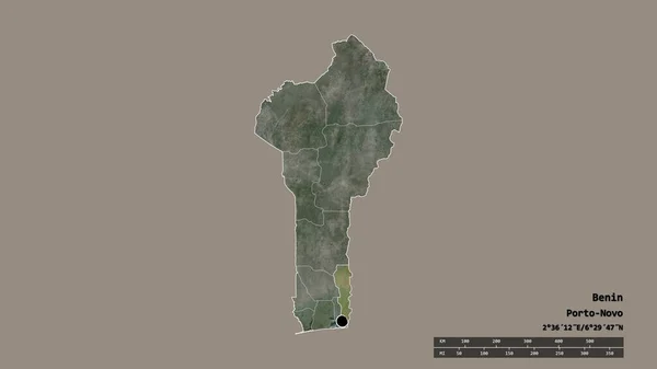 主要な地域部門と分離された高原地域とベナンの荒廃した形状 ラベル 衛星画像 3Dレンダリング — ストック写真