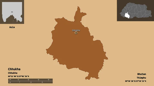 Shape Chhukha Bezirk Von Bhutan Und Seine Hauptstadt Entfernungsskala Vorschau — Stockfoto