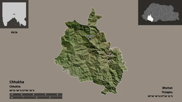 ブータン地方とその首都チュフカの形 距離スケール プレビューおよびラベル 衛星画像 3Dレンダリング — ストック写真