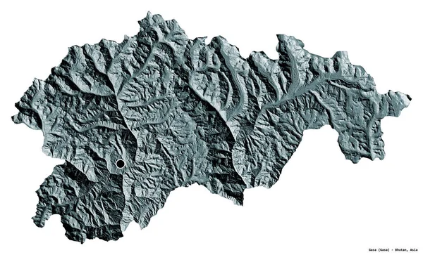 不丹地区Gasa的形状 其首都被白色背景隔离 彩色高程图 3D渲染 — 图库照片