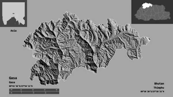 Bhutan Ilçesi Başkenti Gasa Nın Şekli Uzaklık Ölçeği Gösterimler Etiketler — Stok fotoğraf