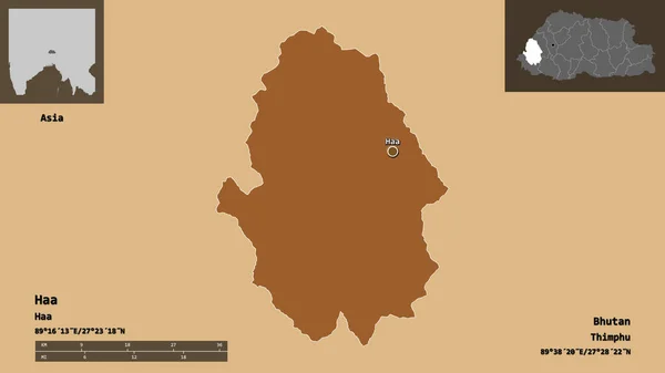 ハアの形 ブータンの地区 およびその首都 距離スケール プレビューおよびラベル パターン化されたテクスチャの構成 3Dレンダリング — ストック写真