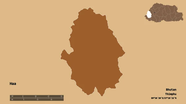 ブータンの首都ハアの形は しっかりとした背景に隔離されています 距離スケール リージョンプレビュー およびラベル パターン化されたテクスチャの構成 3Dレンダリング — ストック写真