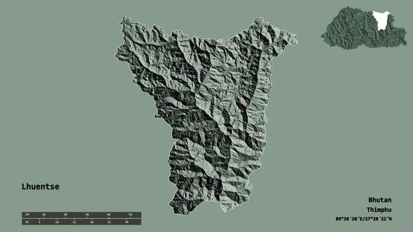 ブータンの首都ローエンセの形は しっかりとした背景に隔離されています 距離スケール リージョンプレビュー およびラベル 色の標高マップ 3Dレンダリング — ストック写真