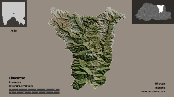 不丹地区及其首都Lhuentse的形状 距离刻度 预览和标签 卫星图像 3D渲染 — 图库照片