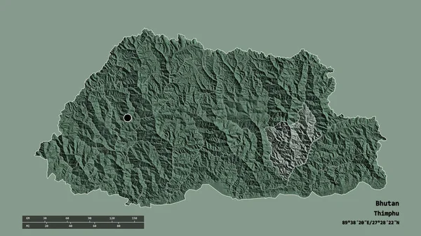 主要な地域部門と分離されたモンゴル地域とブータンの荒廃した形 ラベル 色の標高マップ 3Dレンダリング — ストック写真