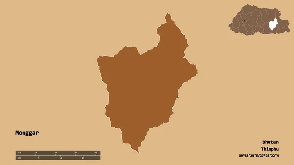 Форма Монґгара Району Бутану Столицею Ізольованою Твердому Тлі Масштаб Відстаней — стокове фото