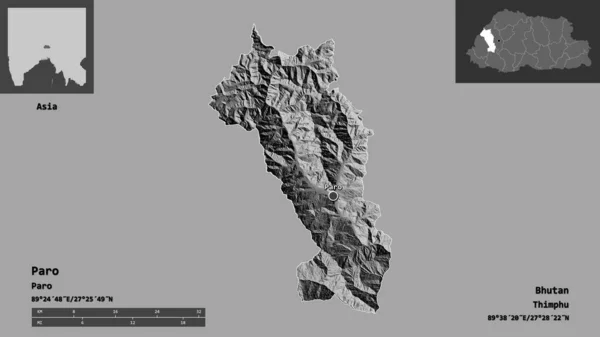 Form Paro Distriktet Bhutan Och Dess Huvudstad Avståndsskala Förhandsvisningar Och — Stockfoto