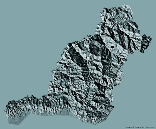 ブータン地方のペマガッセルの形で その首都はしっかりとした色の背景に隔離されています 色の標高マップ 3Dレンダリング — ストック写真