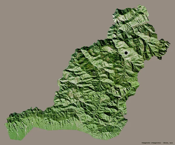 ブータン地方のペマガッセルの形で その首都はしっかりとした色の背景に隔離されています 衛星画像 3Dレンダリング — ストック写真