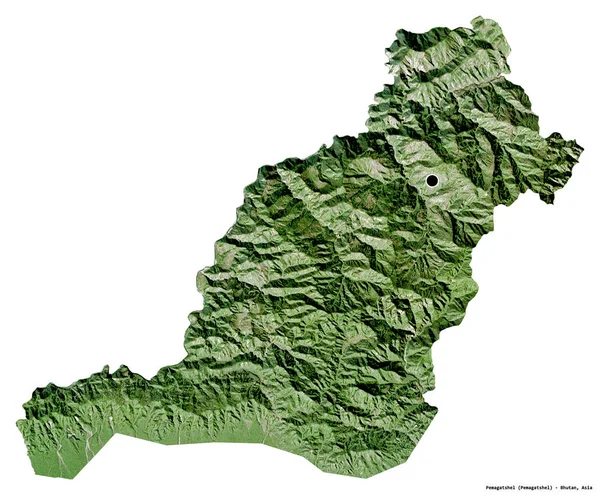 不丹区Pemagatshel的形状 首都为白色背景 卫星图像 3D渲染 — 图库照片
