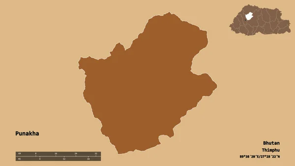 ブータンの首都プナカの形はしっかりとした背景に隔離されています 距離スケール リージョンプレビュー およびラベル パターン化されたテクスチャの構成 3Dレンダリング — ストック写真