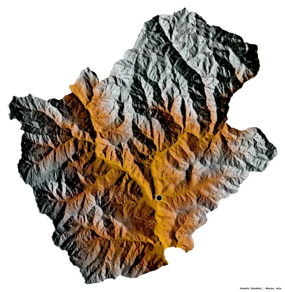 ブータン地方のプナカの形で 首都は白い背景に孤立しています 地形図 3Dレンダリング — ストック写真