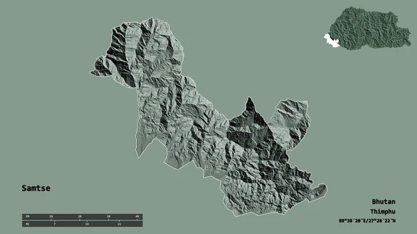 ブータンの首都サムツェの形は しっかりとした背景に隔離されています 距離スケール リージョンプレビュー およびラベル 色の標高マップ 3Dレンダリング — ストック写真