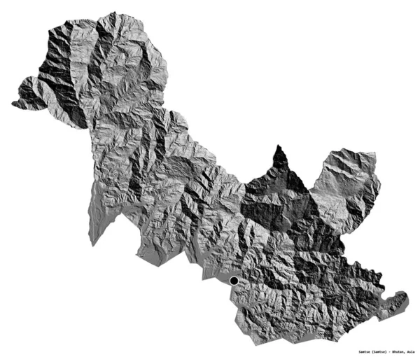 不丹地区Samtse的形状 其首都被白色背景隔离 Bilevel高程图 3D渲染 — 图库照片