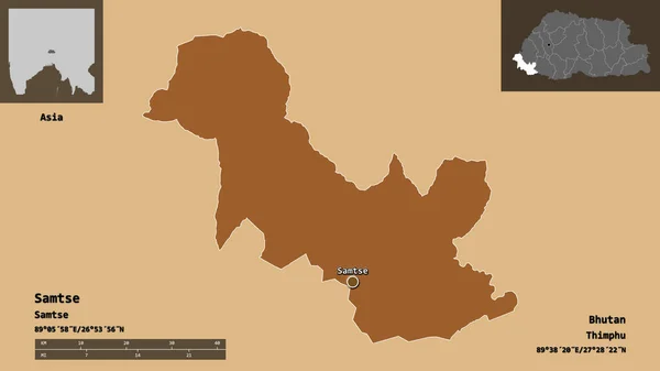 サムツェの形 ブータンの地区 およびその首都 距離スケール プレビューおよびラベル パターン化されたテクスチャの構成 3Dレンダリング — ストック写真
