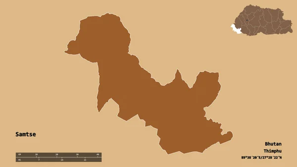 Form Samtse Distriktet Bhutan Med Dess Huvudstad Isolerad Solid Bakgrund — Stockfoto