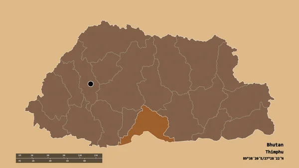 Forme Désaturée Bhoutan Avec Capitale Principale Division Régionale Région Séparée — Photo
