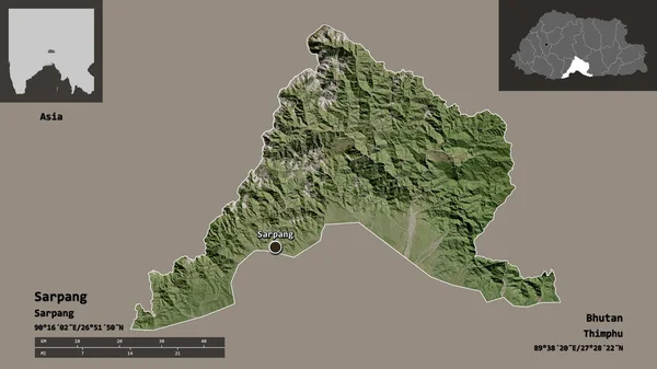 ブータン 首都の地区サルパンの形 距離スケール プレビューおよびラベル 衛星画像 3Dレンダリング — ストック写真