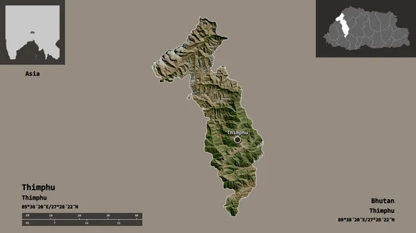 不丹地区廷布的形状及其首都 距离刻度 预览和标签 卫星图像 3D渲染 — 图库照片