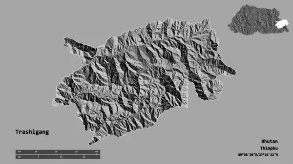ブータンの首都であるトラシガンの形は しっかりとした背景に孤立しています 距離スケール リージョンプレビュー およびラベル 標高マップ 3Dレンダリング — ストック写真