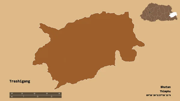 ブータンの首都であるトラシガンの形は しっかりとした背景に孤立しています 距離スケール リージョンプレビュー およびラベル パターン化されたテクスチャの構成 3Dレンダリング — ストック写真