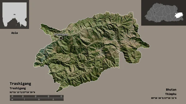 不丹地区的Trashigang形状及其首都 距离刻度 预览和标签 卫星图像 3D渲染 — 图库照片