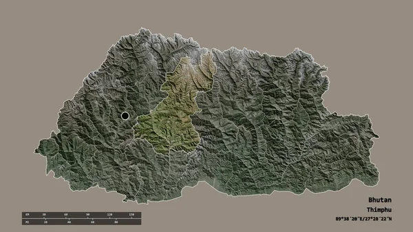 主要な地域部門と分離されたWangduephodrang地域とブータンの荒廃した形 ラベル 衛星画像 3Dレンダリング — ストック写真