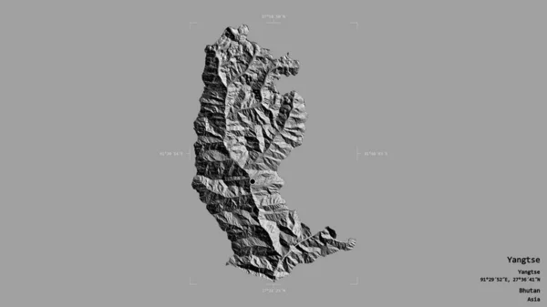 ブータンの地方であるヤンツェ地区は 地理的に参照された境界線の箱の中にしっかりとした背景に隔離されています ラベル 標高マップ 3Dレンダリング — ストック写真