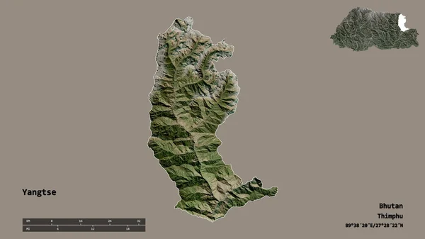不丹地区长江市的形状 其首都在坚实的背景下与世隔绝 距离尺度 区域预览和标签 卫星图像 3D渲染 — 图库照片
