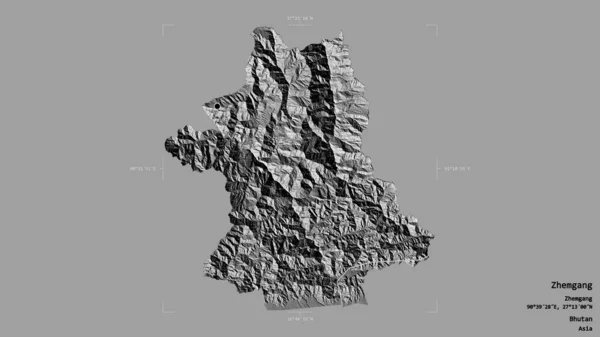 不丹地区的Zhemgang地区 在一个地理参照框的坚实背景上被隔离 Bilevel高程图 3D渲染 — 图库照片