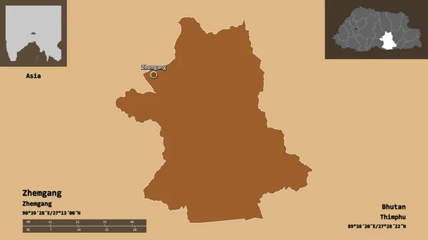 ブータン その首都の地区のZhemgangの形状 距離スケール プレビューおよびラベル パターン化されたテクスチャの構成 3Dレンダリング — ストック写真