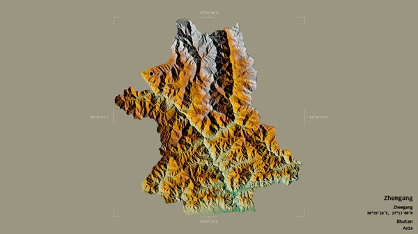 不丹地区的Zhemgang地区 在一个地理参照框的坚实背景上被隔离 地形浮雕图 3D渲染 — 图库照片
