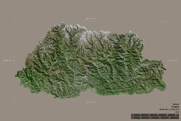 Area of Bhutan isolated on a solid background in a georeferenced bounding box. Main regional division, distance scale, labels. Satellite imagery. 3D rendering
