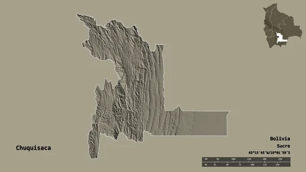 ボリビアのチュキサカ県の形で その首都はしっかりとした背景に隔離されています 距離スケール リージョンプレビュー およびラベル 色の標高マップ 3Dレンダリング — ストック写真