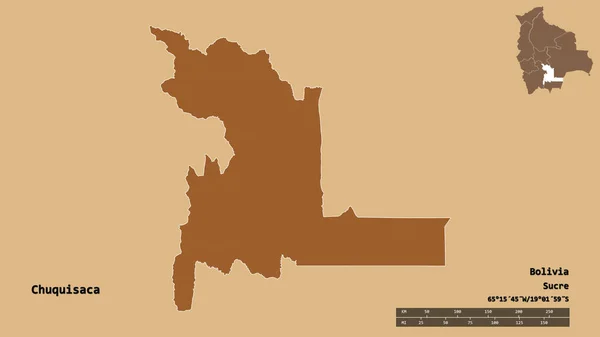 ボリビアのチュキサカ県の形で その首都はしっかりとした背景に隔離されています 距離スケール リージョンプレビュー およびラベル パターン化されたテクスチャの構成 3Dレンダリング — ストック写真
