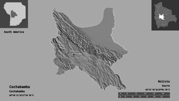 Form Cochabamba Departementet Bolivia Och Dess Huvudstad Avståndsskala Förhandsvisningar Och — Stockfoto