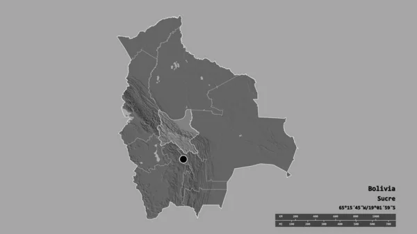 以首都 主要区域分部和分隔的科恰班巴地区为首都的玻利维亚的荒凉面貌 Bilevel高程图 3D渲染 — 图库照片
