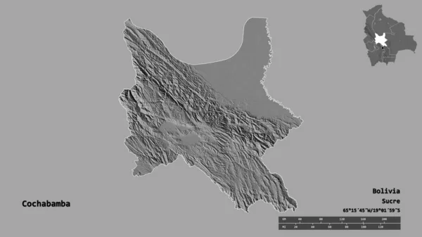 玻利维亚科恰班巴省的形状 其首都在坚实的背景下与世隔绝 距离尺度 区域预览和标签 Bilevel高程图 3D渲染 — 图库照片