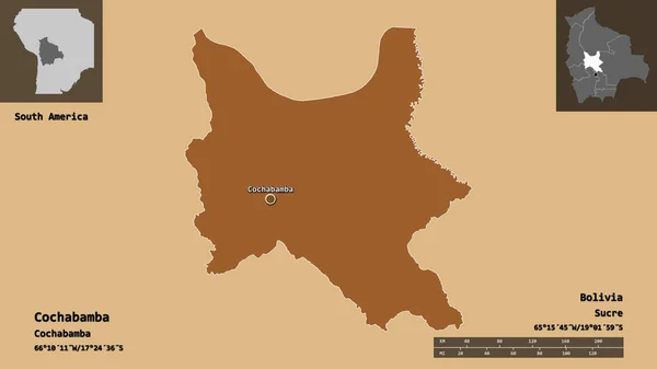 コチャバンバの形 ボリビアの部門 その首都 距離スケール プレビューおよびラベル パターン化されたテクスチャの構成 3Dレンダリング — ストック写真