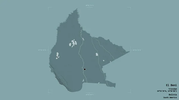 ボリビアの省エル ベニの地域は 洗練された境界の箱の中にしっかりとした背景に隔離されています ラベル 色の標高マップ 3Dレンダリング — ストック写真