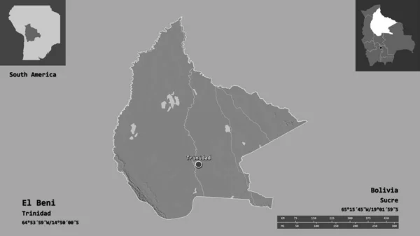 Form Beni Departementet Bolivia Och Dess Huvudstad Avståndsskala Förhandsvisningar Och — Stockfoto