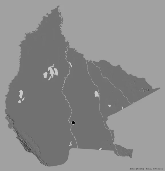 玻利维亚省El Beni的形状 其首都用纯色背景隔开 Bilevel高程图 3D渲染 — 图库照片