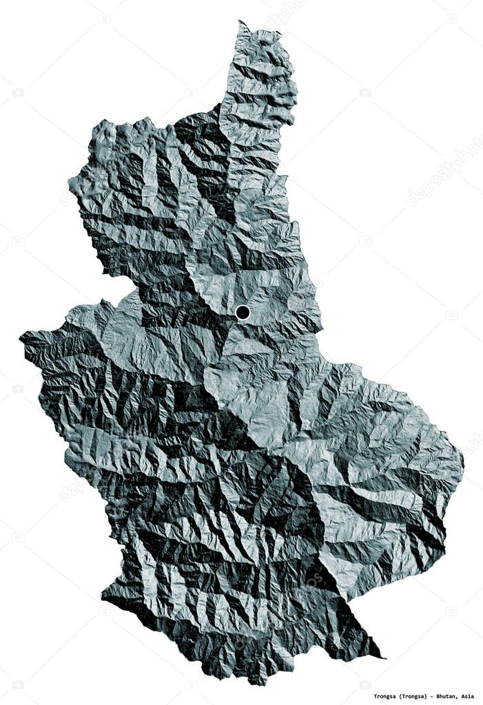 Shape of Trongsa, district of Bhutan, with its capital isolated on white background. Colored elevation map. 3D rendering