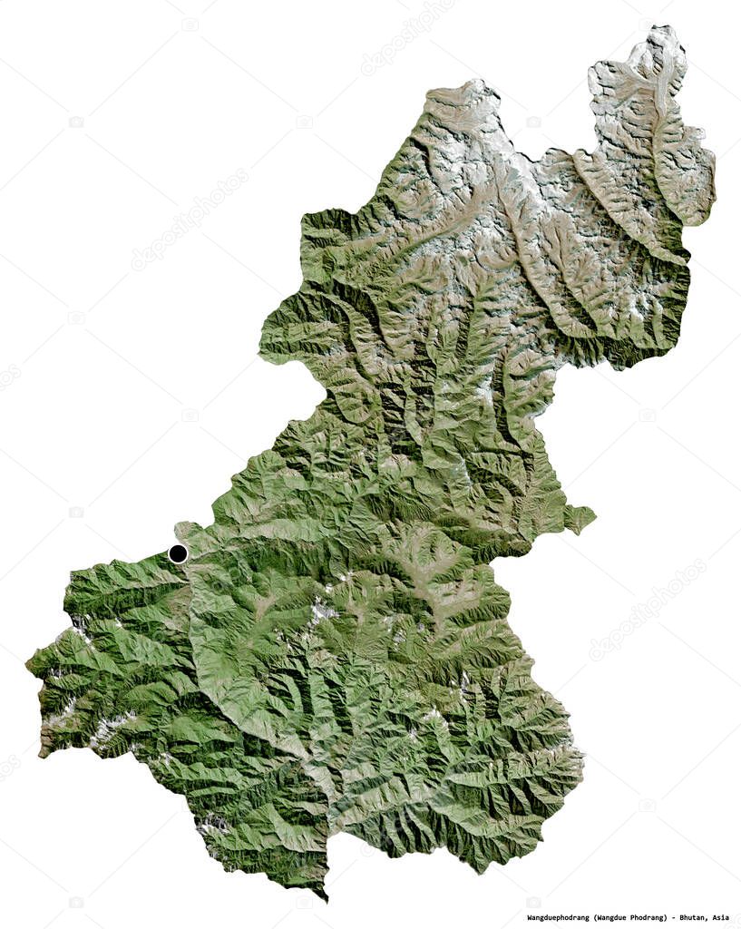 Shape of Wangduephodrang, district of Bhutan, with its capital isolated on white background. Satellite imagery. 3D rendering