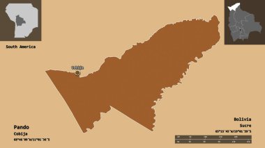 Pando 'nun şekli, Bolivya Bölümü ve başkenti. Uzaklık ölçeği, ön gösterimler ve etiketler. Desenli dokuların bileşimi. 3B görüntüleme