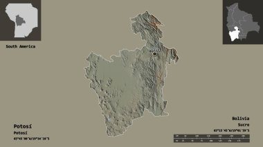 Potosi 'nin şekli, Bolivya Bölümü ve başkenti. Uzaklık ölçeği, ön gösterimler ve etiketler. Topografik yardım haritası. 3B görüntüleme
